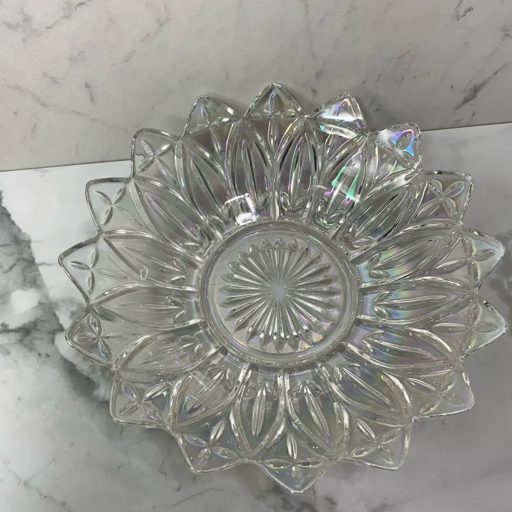 VINTAGE 60’s Federal Glass Iridescent Carnival Glass flower petal plate set